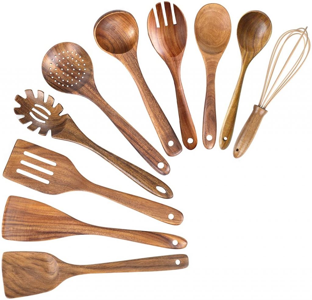 Wooden Cooking Utensils, 10 Pack Kitchen Utensils Wooden Spoons for Cooking,Teak Wooden Cooking Spoons Spatula for Nonstick Cookware